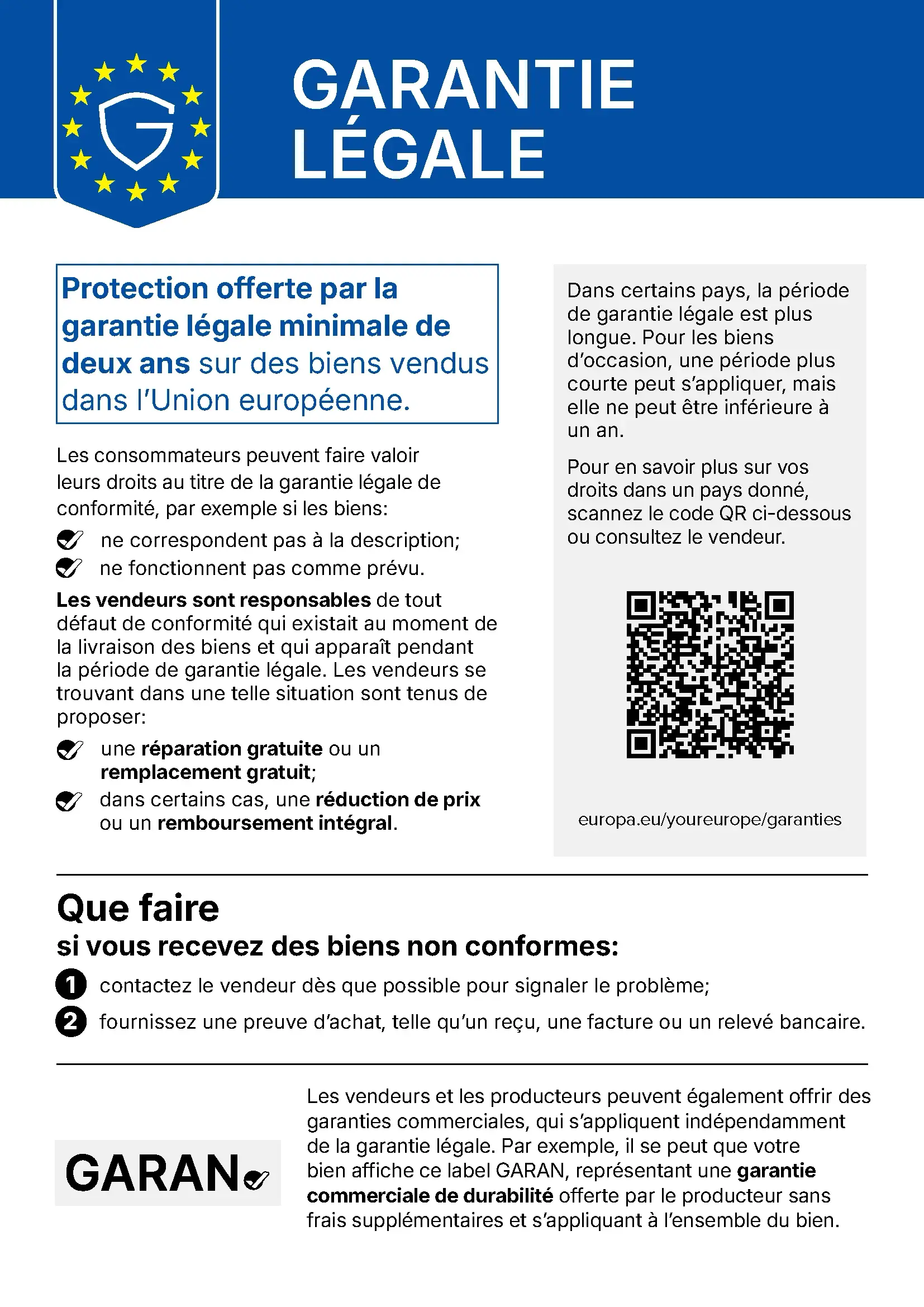 Notice d'information officielle de l'Union européenne sur la garantie légale de conformité des biens
